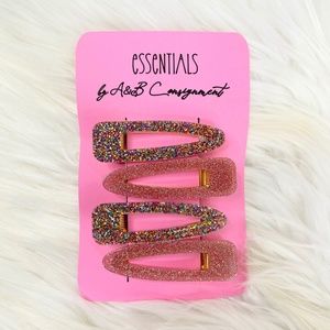 A&B Consignment Pink and Rainbow Glitter Hair Clips 2 Pairs